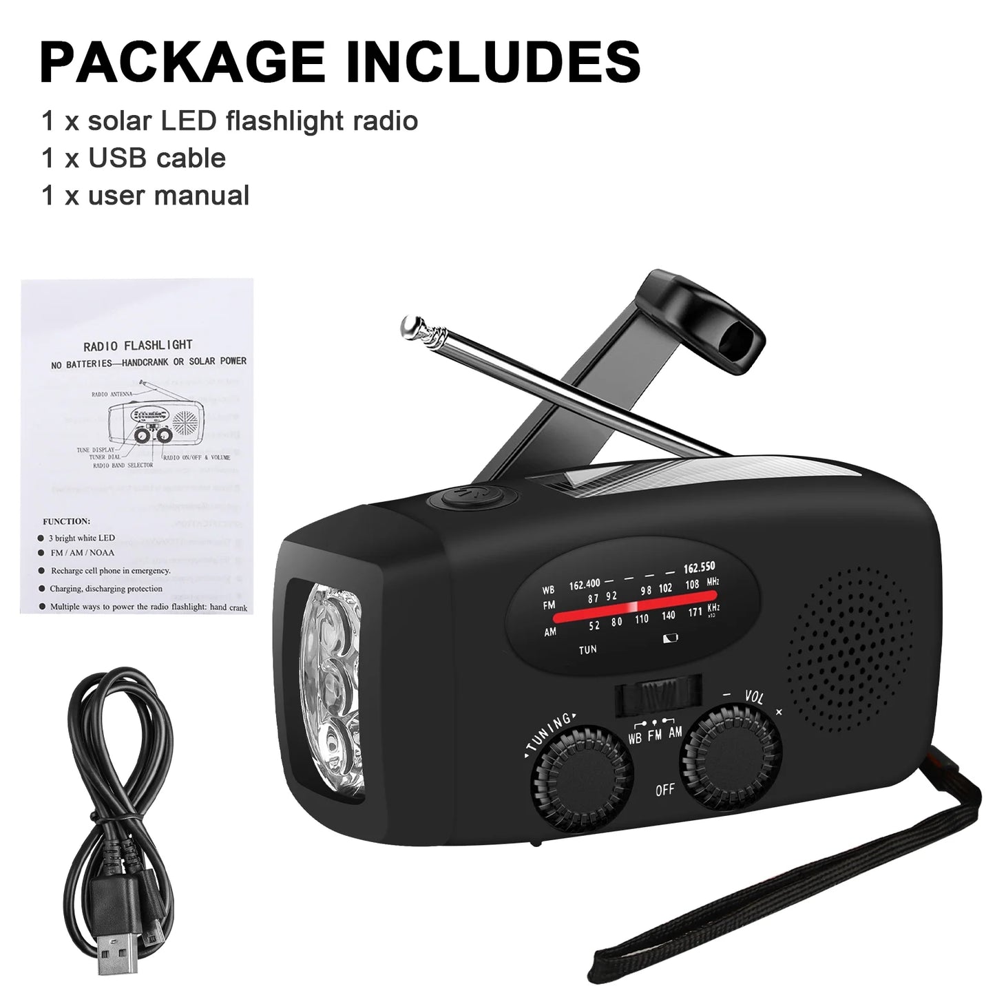 Hand Crank Emergency Radio, Portable Radio Solar Powerd AM FM WB NOAA Weather Radio with Flashlight, Cell Phone Charge, SOS Alarm