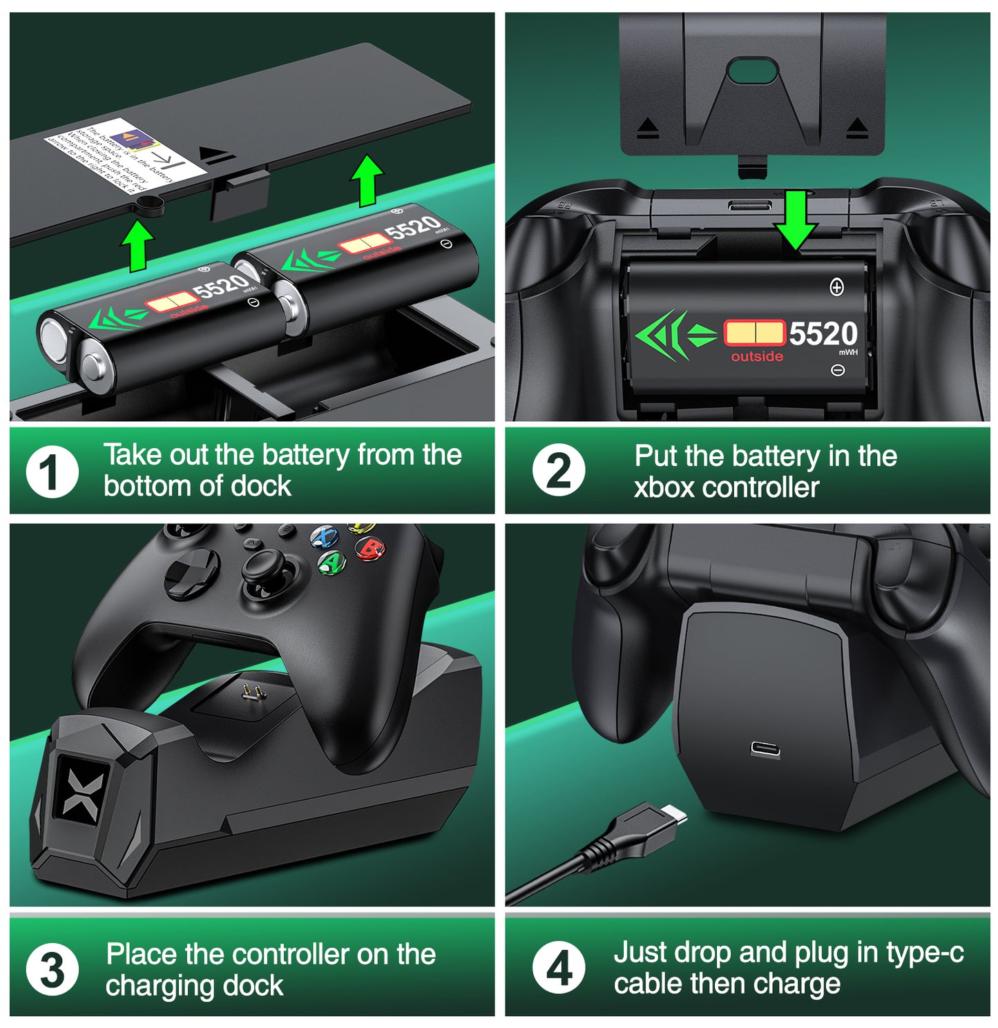 Xbox Controller Charger Station for Xbox Series X Controller, 2 X 2550Mah Rechargeable Battery Pack for Xbox Series S/Xbox One X/One S/Xbox Elite Controller(Not Include Controller)