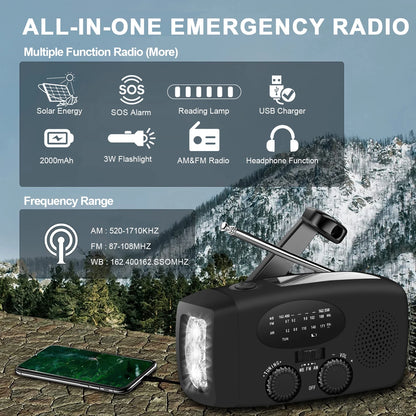 Hand Crank Emergency Radio, Portable Radio Solar Powerd AM FM WB NOAA Weather Radio with Flashlight, Cell Phone Charge, SOS Alarm