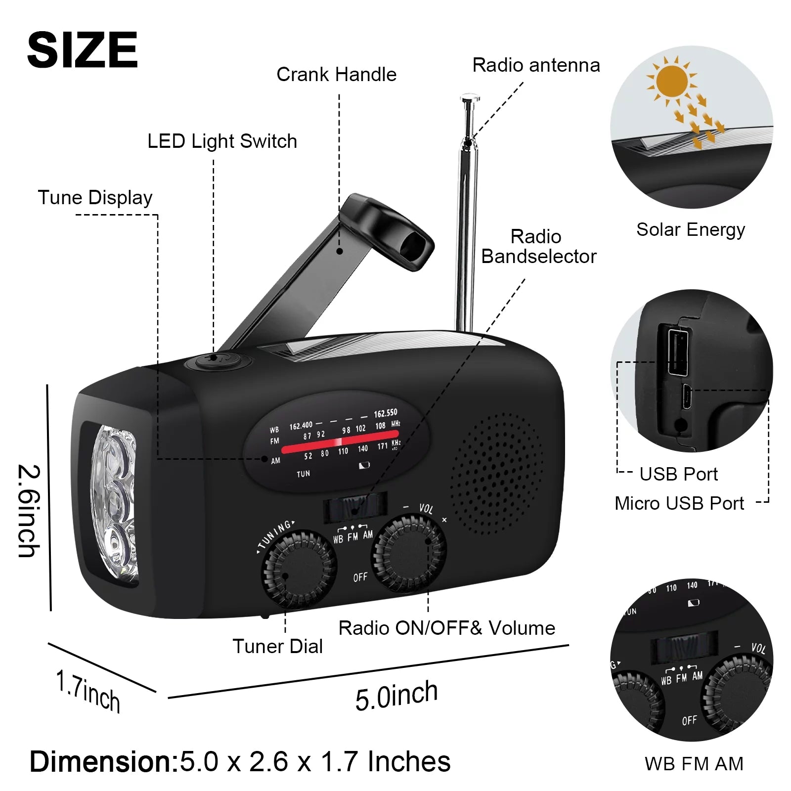 Hand Crank Emergency Radio, Portable Radio Solar Powerd AM FM WB NOAA Weather Radio with Flashlight, Cell Phone Charge, SOS Alarm