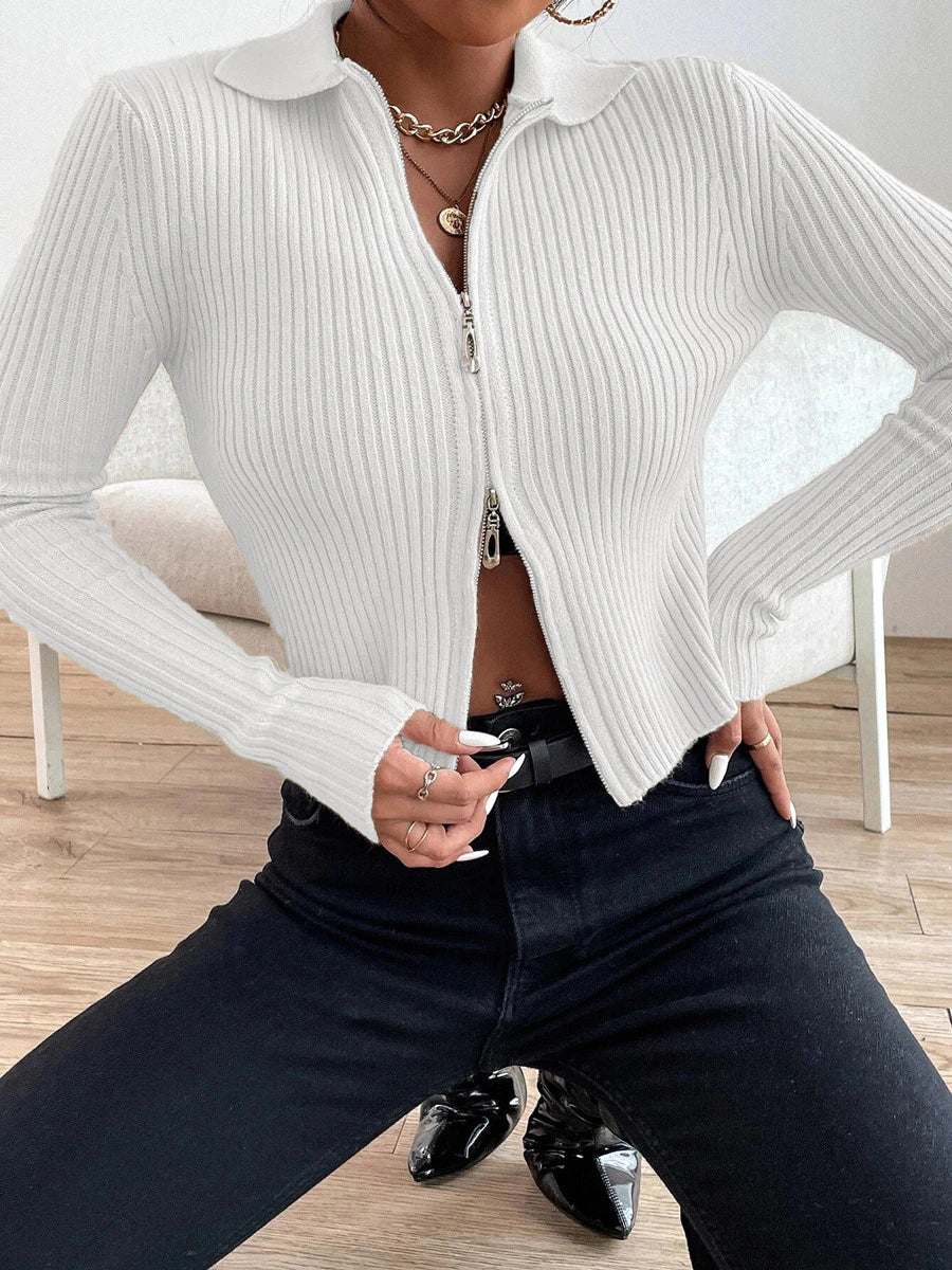 Autumn Winter Women Casual Sexy Double Zipper Fly Rib-Knit Crop Cardigan Slim Femme Knitted Long Sleeve Y2K Fashion Sweater Tops