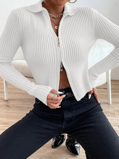 Autumn Winter Women Casual Sexy Double Zipper Fly Rib-Knit Crop Cardigan Slim Femme Knitted Long Sleeve Y2K Fashion Sweater Tops