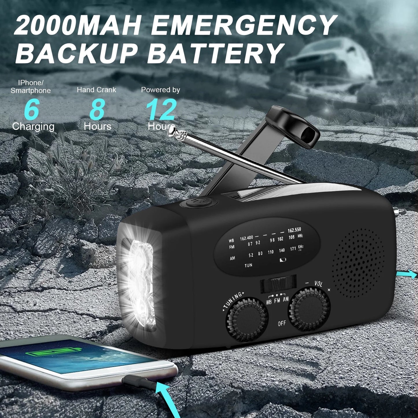 Hand Crank Emergency Radio, Portable Radio Solar Powerd AM FM WB NOAA Weather Radio with Flashlight, Cell Phone Charge, SOS Alarm