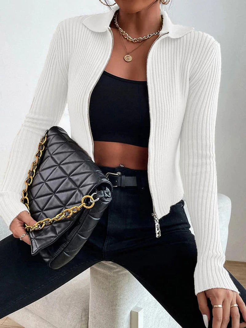 Autumn Winter Women Casual Sexy Double Zipper Fly Rib-Knit Crop Cardigan Slim Femme Knitted Long Sleeve Y2K Fashion Sweater Tops
